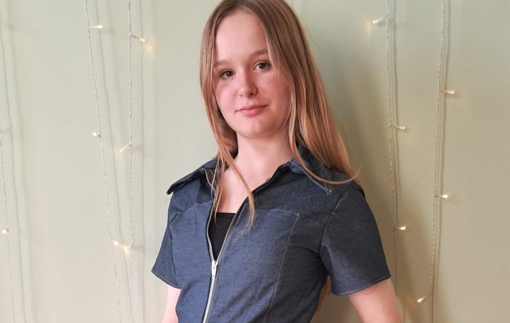 Teens Stitch Club Girl in handmade jean jumpsuit